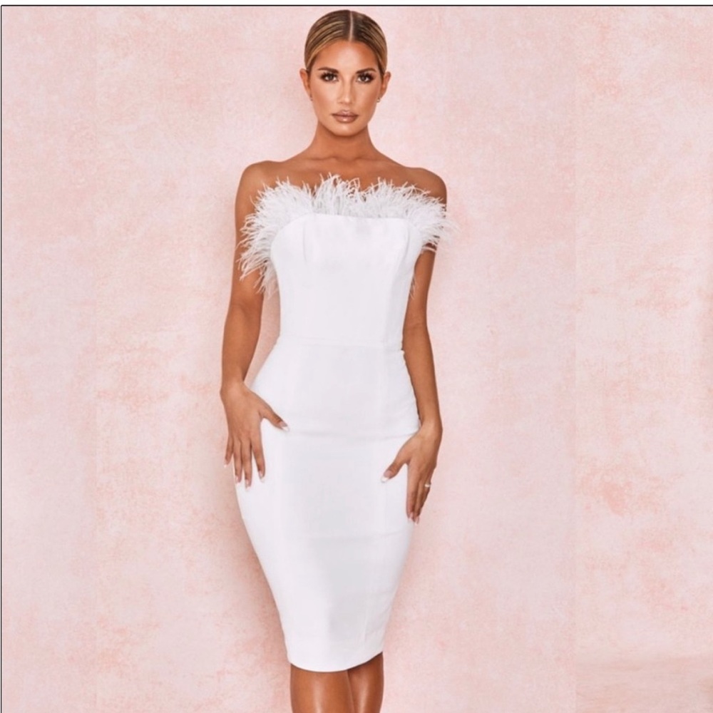 House of CB- WHITE FEATHER STRAPLESS DRESS